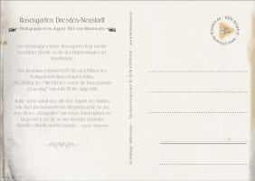 Rückseite (Revers) der digital in wenigen Minuten um 100 Jahre gealterten Postkarte „Rosengarten Dresden”