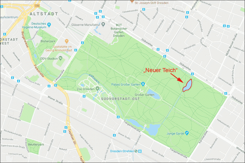 „Neuer Teich” im „Großen Garten” Dresden (Screenshot vom Google-Maps)